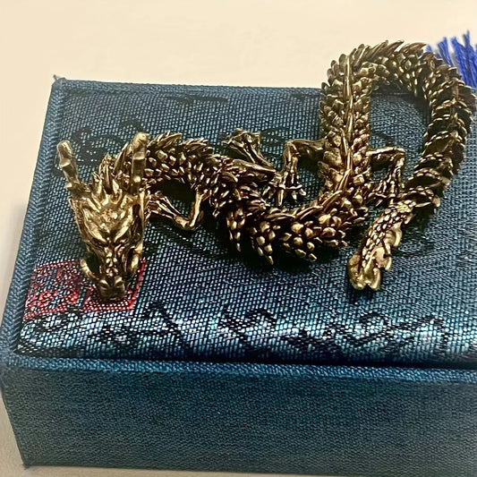 3D Dragon Statue Ornament – Movable Joints, Antique Brass Finish, Lucky Dragon for Home & Office Décor